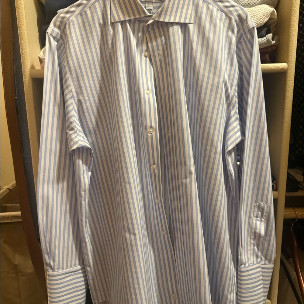Paul Fredrick Light Blue and White Striped Dress Shirt